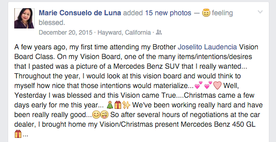 Screenshot of Marie Consuelo de Luna Facebook testimonial